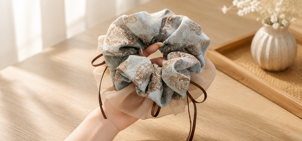 French Vintage Oversized Chiffon Hair Scrunchie with Ribbon Bow