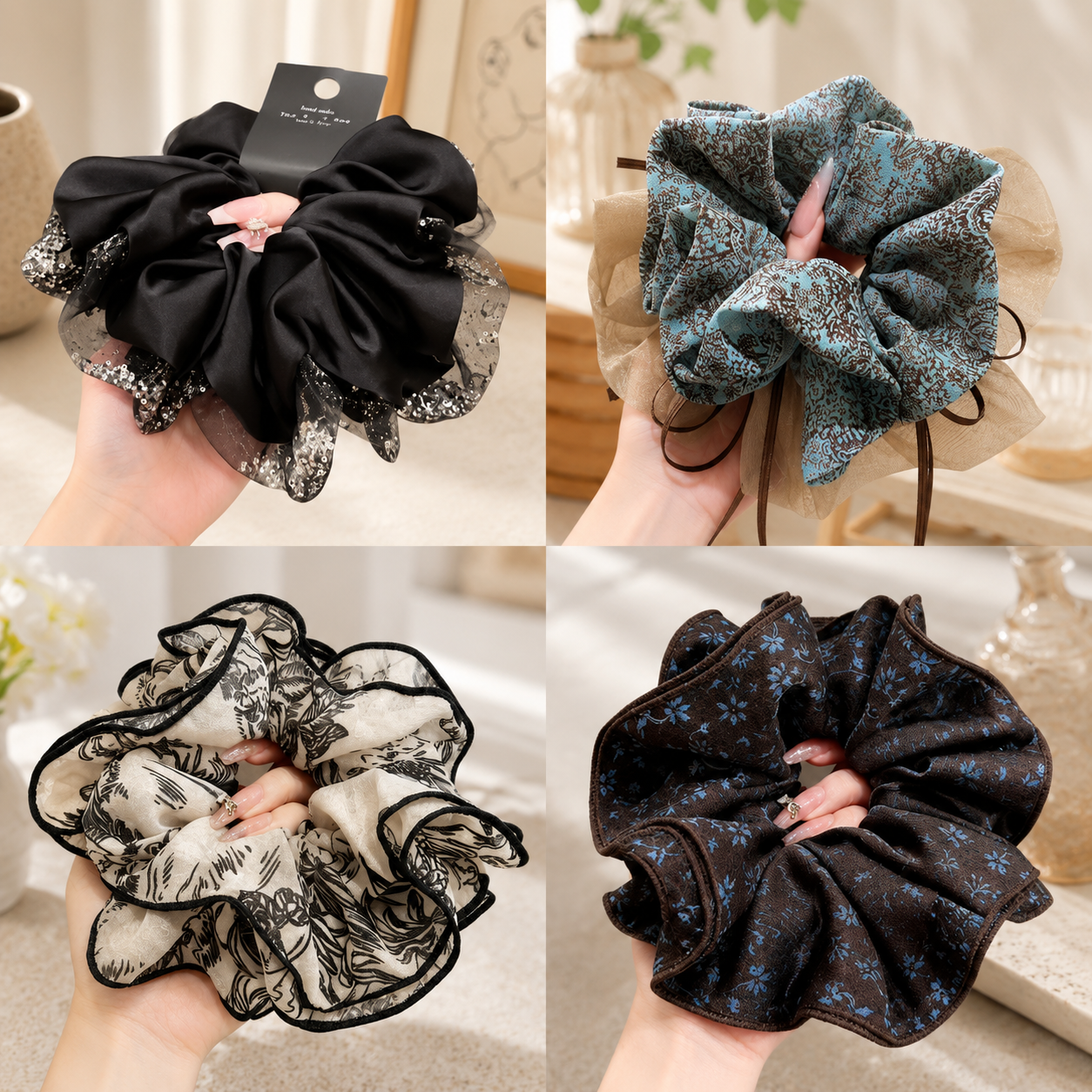 French Vintage Oversized Chiffon Hair Scrunchie with Ribbon Bow